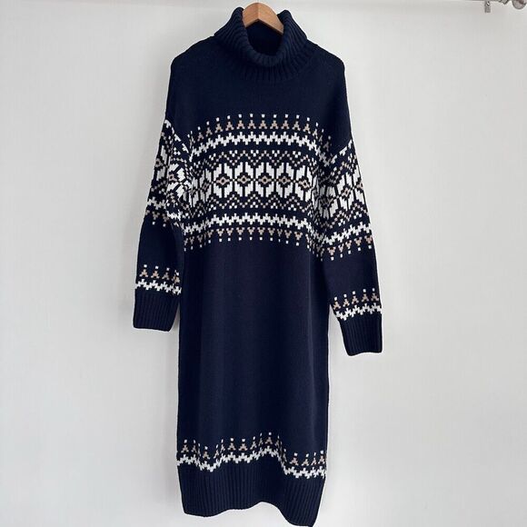 Barbour Dress Womens 10 Wool Fair Isle Patrisse Turtleneck Midi Tuckernuck Navy - Picture 1 of 13